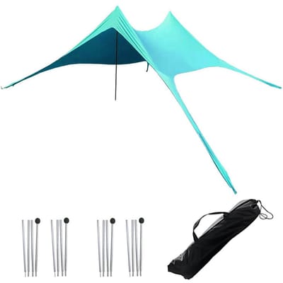 Strandluifel Tent Draagbare Zonnescherm Lycra Zonnescherm met Zandzakken voor 6-7 Personen meer blauwe kleur