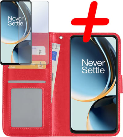 Hoesje Met Screenprotector - Geschikt voor OnePlus Nord CE 3 Lite - Luxe Pasjeshouder - Bookcase Portemonee - Flip Case - Kunstleer Book Case - Flipcase - Book Cover - Walletcase - Portemonneehoes - Rood