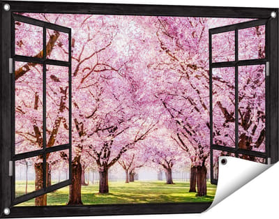 Gards Tuinposter Doorkijk Roze Bloesembomen Park - Bloemen - 90x60 cm - Tuindoek - Tuindecoratie - Wanddecoratie buiten - Tuinschilderij