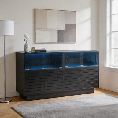 KOMHTOM - Dressoir met 2 vitrinekasten en glazen deuren - breedte 130 cm met 4 vakken - bijzetkast met ledverlichting - modern highboard voor de woonkamer - 130x35x68 cm