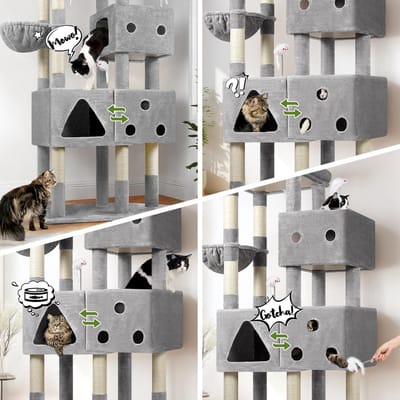 SnelShoppen - Globlazer Krabpaal XXL voor Grote Katten, 207 cm Hoog met 3 Kattenhuisjes, Ruim Gevoerd Platform, Luxe Stabiele Kattenboom in Lichtgrijs