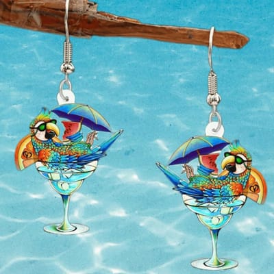 Boucles d'oreilles pendantes flamant rose double face, imprimé oiseau d'été, idéales pour les vacances, une fête à la plage, cadeau parfait blue