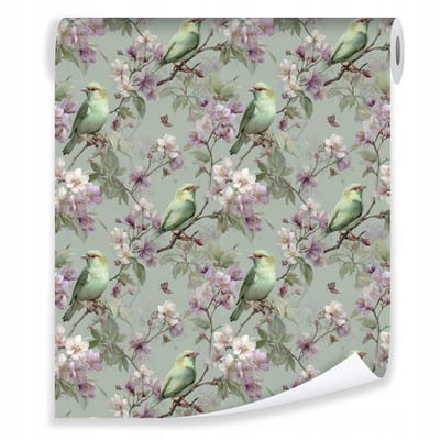 WALLARENA - Behang op rol - 50x1000 cm - bloemen en vogels - glad halfmat vliesbehang voor woonkamer en slaapkamer