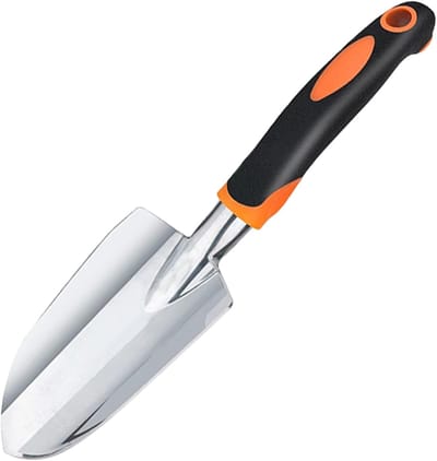 handschepje, heavy duty tuinieren, handgereedschap met ergonomische handgreep, roestbestendig, kleine tuinspade voor hardwerkende landbouwers, grond-uitgraven, planten en verplanten (oranje
