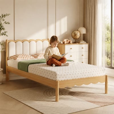 Welltin Kinderbed 90x200 cm - Gestoffeerd bed - Eenpersoonsbed - Hoofdbord met PU-vulling - Golfvormig hoofdeinde - Massief houten frame - Veilig en comfortabel - Creëer een Veilige & Stijlvolle Slaapomgeving - Beige