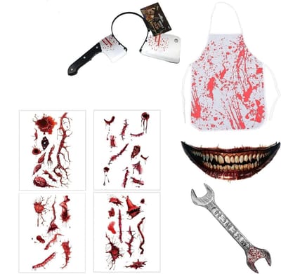 Horror Butcher Halloween Kostuum met Bloedige Accessoires, Bijl Hoofdband, Gereedschap en Tattoos voor Volwassenen en Tieners, Universele Maat en Griezelige Effecten