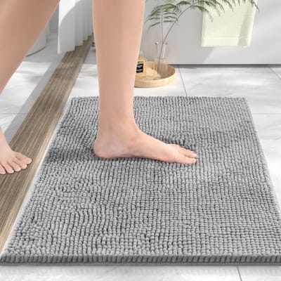 Antislip badkamertapijt, chenille, 40 x 60 cm, zacht en absorberend, machinewasbaar, douchemat voor bad of toilet, grijs