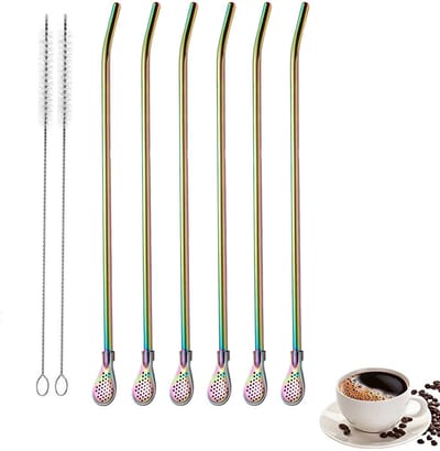 6-stuks 18.5cm Lepel en rietje van roestvrij staal - Lepel met lange steel en rietje - Herbruikbaar - Met filter - Met 2 reinigingsborstels - Geschikt voor milkshakes, cocktails, koffie, thee en andere dranken - Multicolor