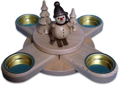 Theelichthouder met schattige sneeuwpoppen - in natuurlijke kleuren - motief: op skiën wandeltocht - ca. 23cm - Made in Germany