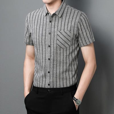 Heren Zomer Strepen Korte Mouw Grijs Katoen Casual Jeugd Gestreept Dun Normaal Zomer Kraagjes Shirt XXXXL gray