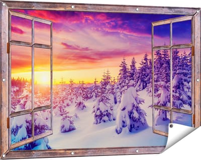 Gards Tuinposter Doorkijk Zonsondergang in het Sneeuw Bos - 120x80 cm - Tuindoek - Tuindecoratie - Wanddecoratie buiten - Tuinschilderij