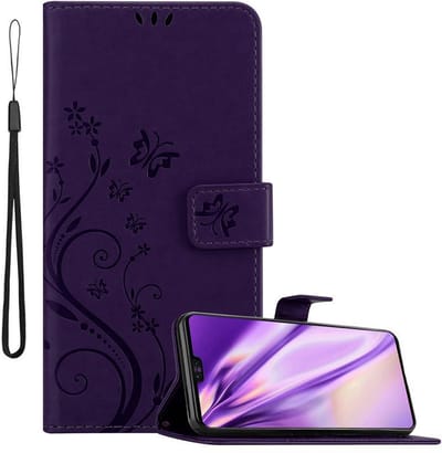 Cadorabo Hoesje geschikt voor Huawei MATE 30 in BLOEMEN DONKER PAARS - Beschermhoes in bloemmotief met magnetische sluiting, standfunctie en kaartsleuven Book Case Cover Etui