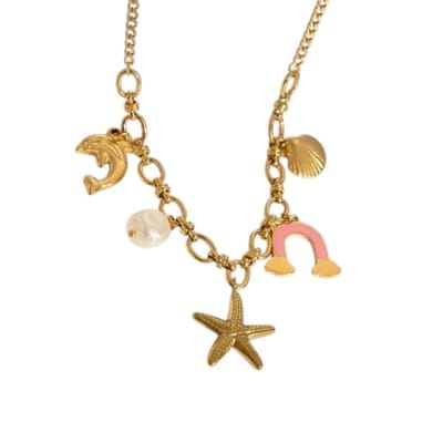 Aramat Jewels | Halskettingen | Goudkleurige bedelketting met roze emaille & parel – 40+5 cm | | | |1,5mm | Staal | Volwassenen | Verkleurd niet