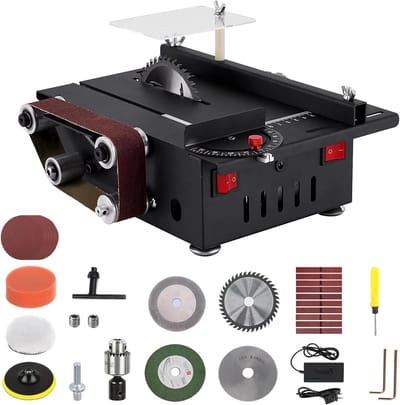 Compacte Cirkelzaag met Bandschuurmachine, 200 W, Draagbare Multifunctionele Zaag voor DIY, Mini Tafel met 4 Bladen en Snijdiepte tot 30 mm