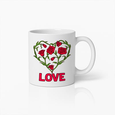 Witte Mok 330ml – Rozenhart “LOVE” Romantische Bloemenillustratie Koffiebeker