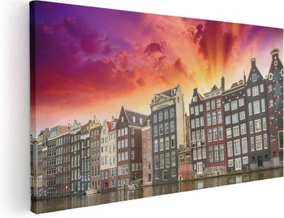 Artaza Canvas Schilderij Amsterdam - 40x20 cm - Klein - Wanddecoratie Grachtenpanden - Muurdecoratie Zonsondergang - Schilderijen Op Canvas
