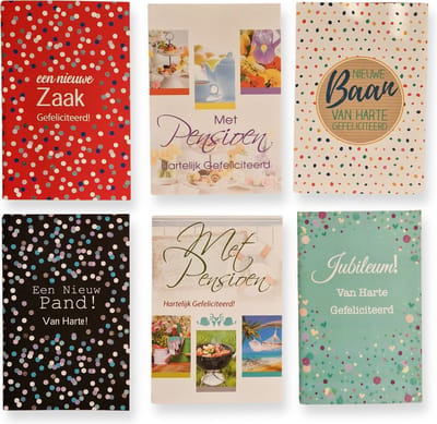 Cards & Crafts 6 Luxe Werk wenskaarten Set - Nieuwe Baan / Zaak / Jubileum / Pensioen - 17x12cm - Gevouwen kaart met envelop