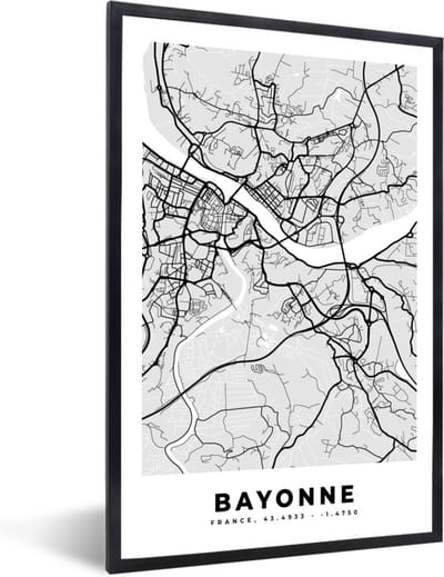 Fotolijst incl. Poster - Kaart - Stadskaart - Bayonne - Plattegrond - Frankrijk - 40x60 cm - Posterlijst