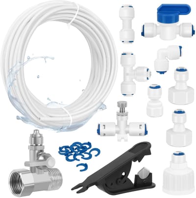 15 m watertoevoerleiding, universeel aansluitset met T-stuk, 12 RO waterfilter, fitting 1/4 inch slang, koelkastslang, waterslang (T + I + L type, afsluitventiel, pijpsnijder)