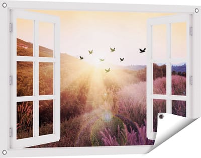 Gards Tuinposter Doorkijk Silhouet Zwerm Vogels bij Zonsondergang - 90x60 cm - Tuindoek - Tuindecoratie - Wanddecoratie buiten - Tuinschilderij