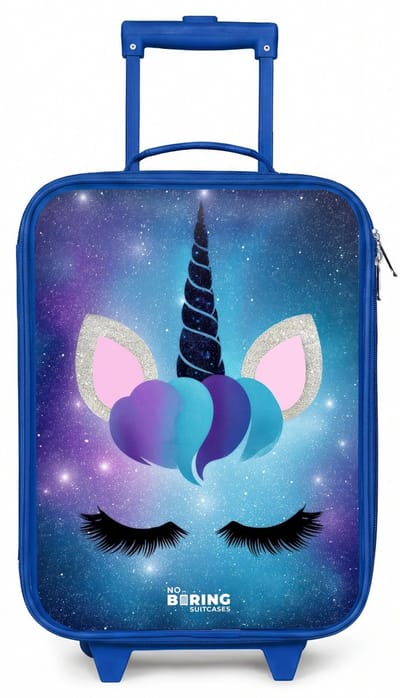 NoBoringSuitcases.com® - Kinderkoffer blauw - Kindertrolley jongen - Eenhoorn op een sterrenhemel achtergrond - Koffer kind lichtgewicht - Reiskoffer trolley voor kinderen - Koffertje met lichtgevende wieltjes - Rolkoffer