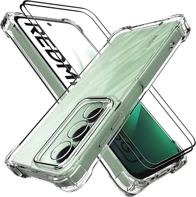 Casemania Hoesje + Glas Geschikt voor Xiaomi Redmi 15 5G - Transparant - Anti Shock Back Cover + 2X Glazen Screenprotector