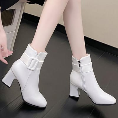 Nieuwe Herfst Winter Vrouwen Chelsea Enkelhoge Hakken Laarzen Fashion Party Sexy Chunky Pumps Casual Dames Schoenen Rits Botas 36 wit