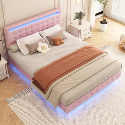 SINGULARITY-Vlak bed 140 x 200 cm- LED-sfeerverlichting- vering- PU-materiaal- drietraps hoogteverstelling van het hoofdeinde- roze- zonder matras