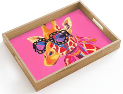 Dienblad hout 40x30 cm - Schootdienblad - Giraf - Roze - Bril - Sjaal - Borrelplank rechthoek - Plateau dienbladen