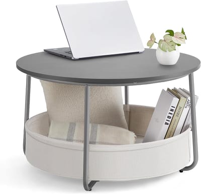 Ronde salontafel - Opbergtafel bijzettafel - Woonkamer meubel - Met stoffen mand - 75x45 cm - Cementgrijs crèmewit