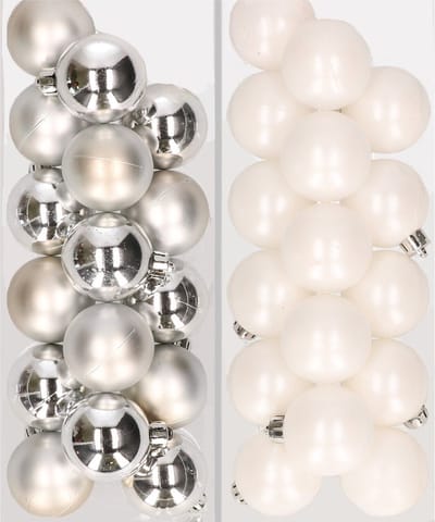 32x stuks kunststof kerstballen mix van zilver en wit 4 cm - Kerstversiering