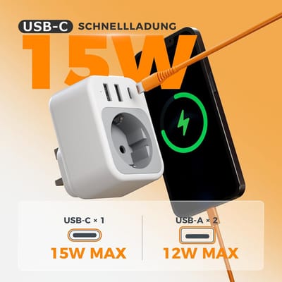 Famanu 2 Pack Stekkeradapter, 4 in 1 Type G stekker met USB C en 2 USB A, adapter voor Ierland en Schotland