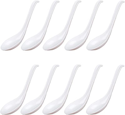 10 Stuks Melamine Soeplepel, Soeplepel met Lange Greep, Aziatische Voorgerecht Lepel met Lang Handvat en Haak, Geschikt voor Familie Restaurant Keuken(Wit)