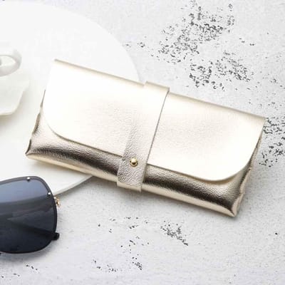 PU Leren Zonnebril Etui - Zacht En Stevig Brillenhoesje - Draagbare Opbergtas -Champagne- Afmeting 17x8 Cm