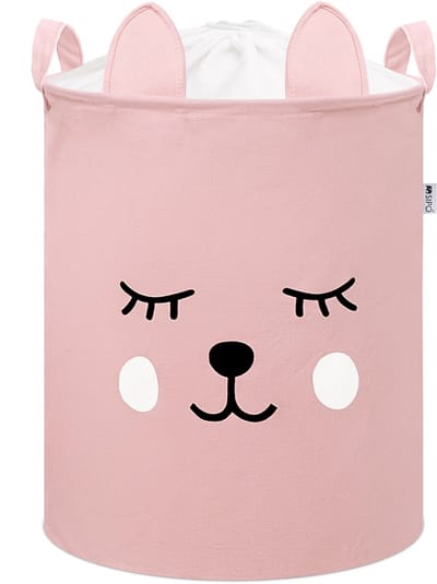 Roze Speelgoedopbergmand met Teddy Beer Gezicht - Katoenen Opbergbox met Trekkoord - Kinderwasmand - 43 Liter - 35x35x45 cm - Sipo - Speelgoedmand