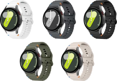 Strap-it Siliconen Wave bandjes (5 stuks) – geschikt voor Samsung Galaxy Watch 7 (40 & 44mm) / 6 (Classic) / 5 (Pro) / 4 (Classic) / Watch FE – Zwart, Wit, Sterrenlicht, Grafiet & Legergroen