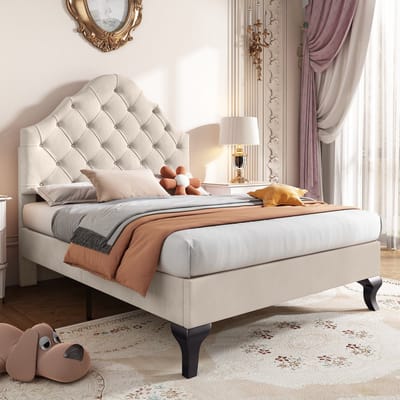 SINGULARITY-Gestoffeerd bed 90 x 200 cm met lattenbodem en hoofdbord- gestoffeerd bed met in hoogte verstelbaar hoofdbord- jeugdbed- eenpersoonsbed- fluweel- beige- zonder matras