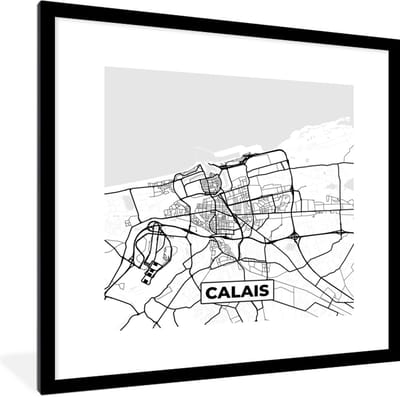 Fotolijst incl. Poster Zwart Wit- Kaart - Calais - Stadskaart - Frankrijk - Plattegrond - Zwart wit - 40x40 cm - Posterlijst