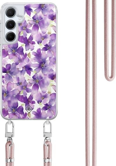 Casimoda® hoesje met koord - Geschikt voor Samsung A35 - Floral Violet - Afneembaar koord - TPU/polycarbonaat - Paars