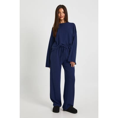 boohoo Dames Gerimpelde oversized top met lange mouwen en wijde pijpen co-ord set | Navy | Maat: 6