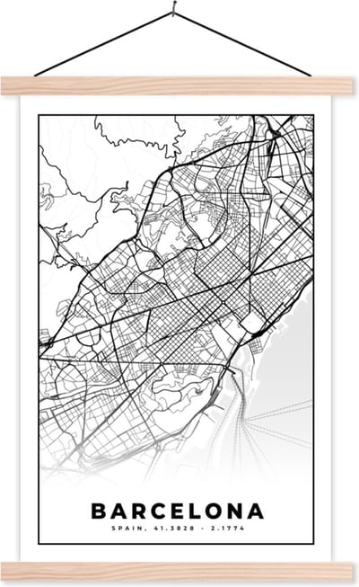Posterhanger incl. Poster 40x60 cm - Schoolplaat - Barcelona - Stadskaart - Plattegrond - Zwart Wit - Kaart - Textielposter - Blanke latten - Stadskaart