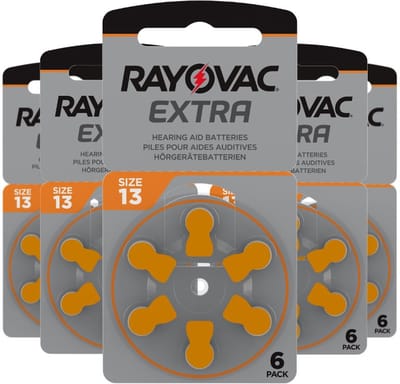 30 hoortoestelbatterijen Rayovac 13, 5 Plaquettes