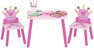 Lifero Kindertafel en Stoeltjes - Speeltafel met 2 Stoelen Prinses – Roze Houten Set – Knutseltafel - Kroonvormige rugleuning