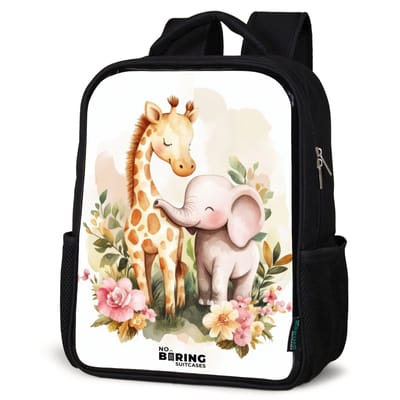 NoBoringSuitcases.com® - Rugzak zwart - Schooltas jongen & meisje - Giraffe en olifant tussen bloemen op witte achtergrond - Rugtas voor school - Boekentas kind - Schoolrugzak - Kinderrugzak