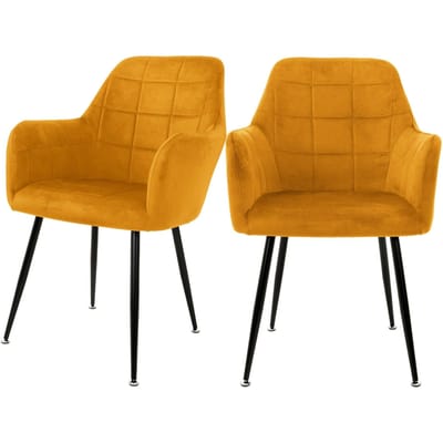 Eetkamerstoelen met rugleuning & armleuningen set van 2 mosterd fluwelen bekleding vierkant gewatteerd met metalen poten ML design