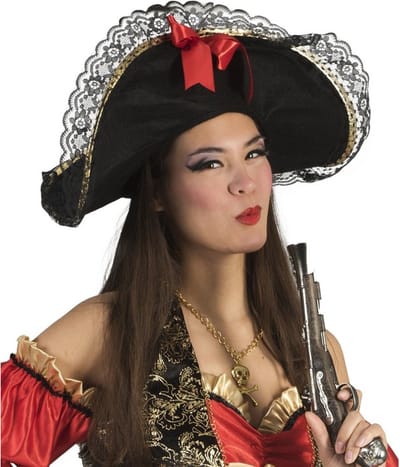 Funny Fashion Piratenhoed zwart - met strik - volwassenen - verkleed hoed - piraat - dameshoed - Carnaval