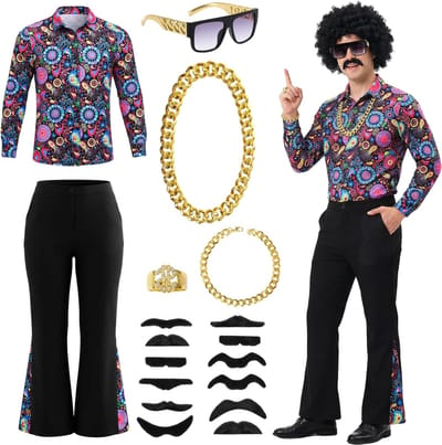 Hippie Kostuum Set voor Mannen - 18-delig 70s Disco Outfit voor Raveparty en Carnaval met Shirt en Accessoires
