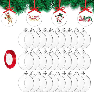 Set van 30 Transparante Acryl Kerstballen met Lint, Vlakke Bollen voor Creatieve Decoratie, 7.5 x 7.5 cm, Perfect voor Kerstboom en Ambachtelijke Projecten