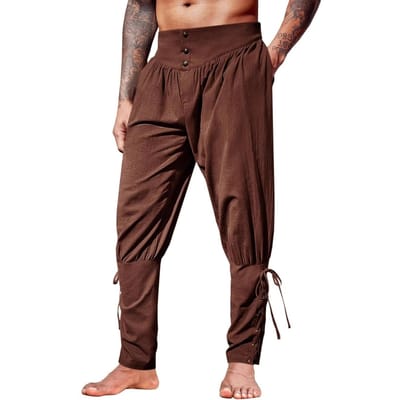 Pantalon Décontracté Homme Été Pantalon Homme Pantalon à Ceinture Cheville Navire Pirate Médiéval Navigation Pantalon à Séchage Rapide S marron