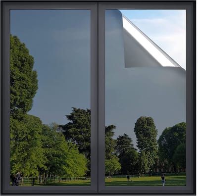 One-way vision raamfolie, elektrostatische adsorptie, zonwering en UV-bescherming, Geschikt voor glazen deuren en ramen, reflecterende spiegel warmte-isolatie, Geschikt voor thuiskantoor, 15 inch x 40 voet, zwart en zilver.